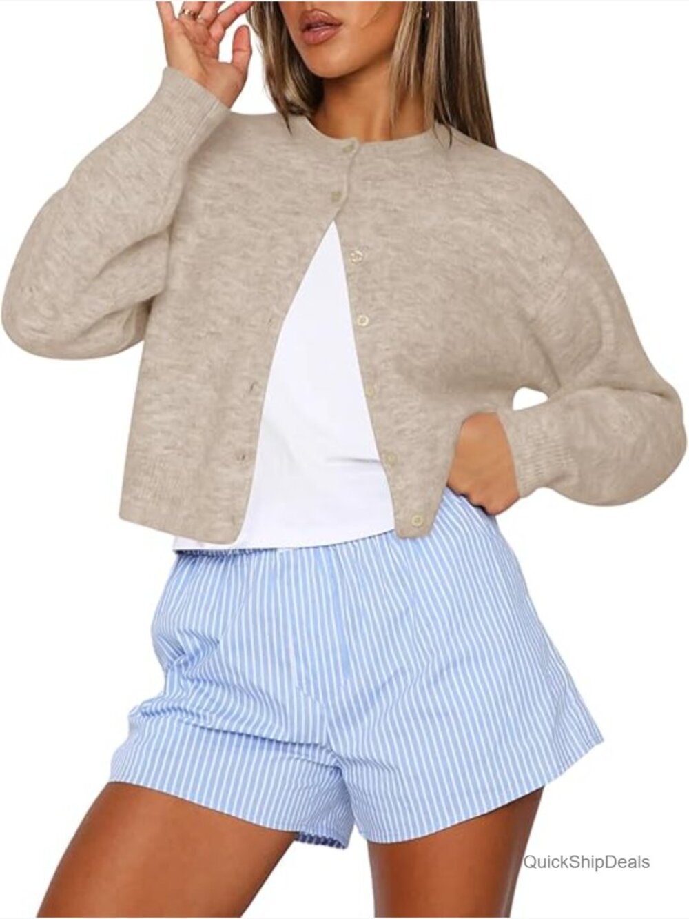Lightweight Cropped Cardigan Sweater, Button Up Crew Neck Long Sleeve - Picture 1 of 6